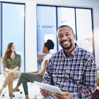 Tablet, online and portrait of business black man in office for research project, website and internet. Company startup, worker and happy person on digital tech for networking, planning and career.