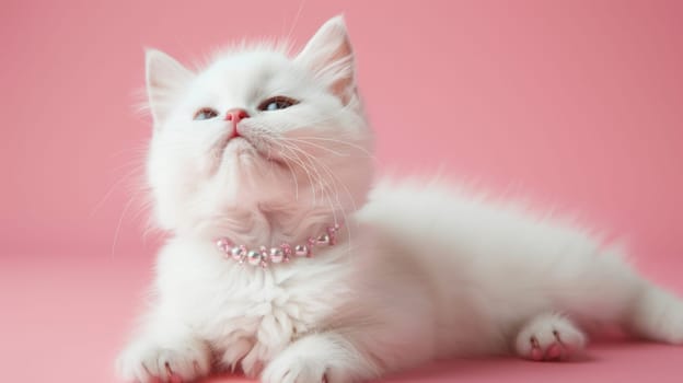White cat wearing pink pearl necklace on pink background.