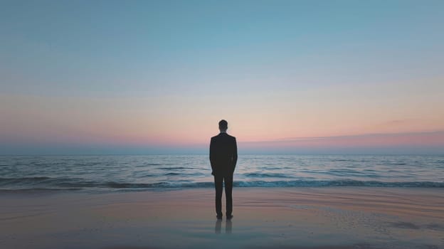 Man standing on beach looking at ocean.