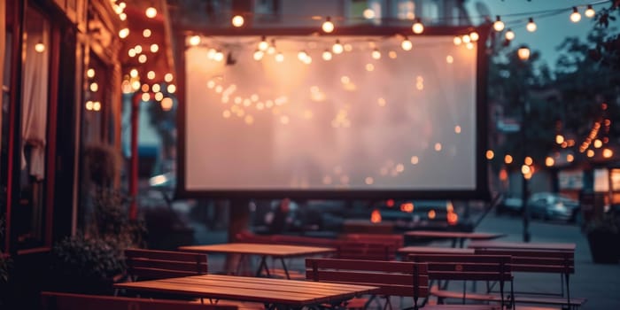 blank white screen outdoors. colorful bean bags in green grass park. outdoor cinema, big screen show. ai generated