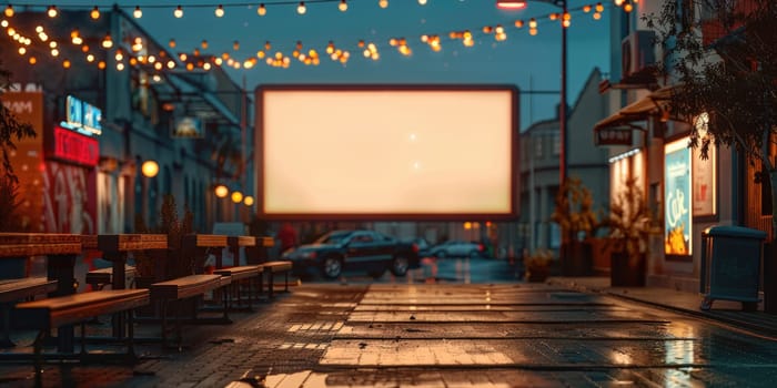 blank white screen outdoors. colorful bean bags in green grass park. outdoor cinema, big screen show. ai generated