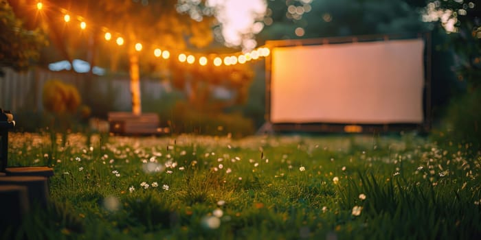 blurred blank white screen outdoors in grass park. outdoor cinema, big screen show, focus on foreground. selective focus. ai generated