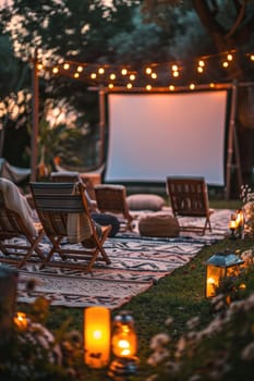 blank white screen outdoors. colorful bean bags in green grass park. outdoor cinema, big screen show. ai generated