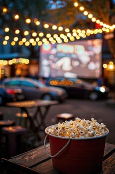 blank white screen outdoors. colorful bean bags in green grass park. outdoor cinema, big screen show. ai generated