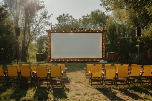 blank white screen outdoors. colorful bean bags in green grass park. outdoor cinema, big screen show. ai generated