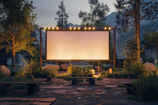 blank white screen outdoors. colorful bean bags in green grass park. outdoor cinema, big screen show. ai generated