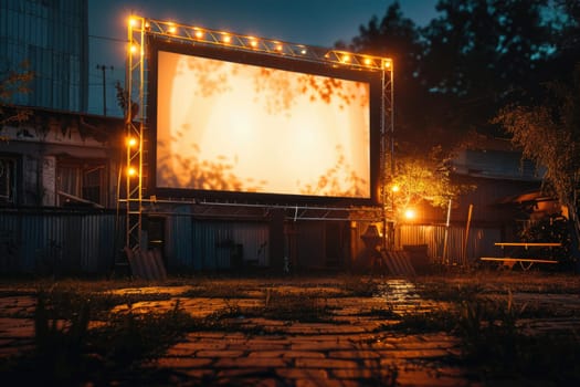 blank white screen outdoors. colorful bean bags in green grass park. outdoor cinema, big screen show. ai generated