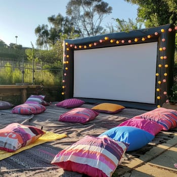 blank white screen outdoors. colorful bean bags in green grass park. outdoor cinema, big screen show. ai generated