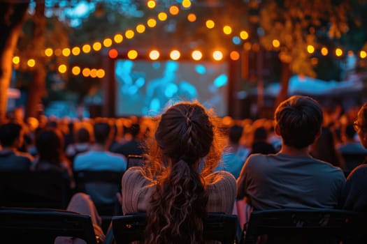 people watching outdoor cinema, big screen show. view from behind. ai generated