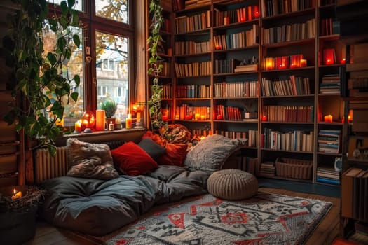 A cozy reading nook with shelves of books