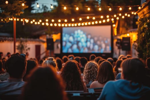 people watching outdoor cinema, big screen show. view from behind. ai generated