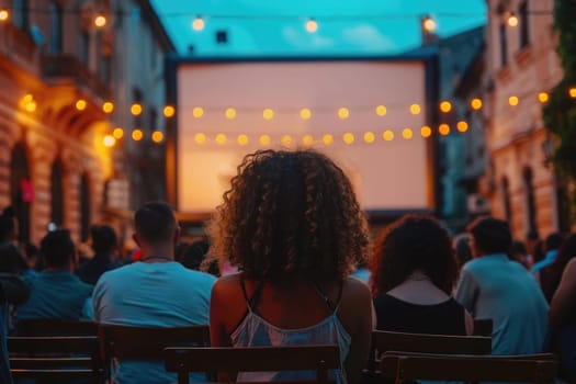 people watching outdoor cinema, big screen show. view from behind. ai generated