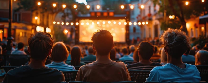 people watching outdoor cinema, big screen show. view from behind. ai generated