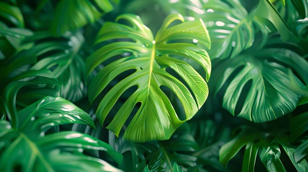 A closeup of a monstera leaf, a terrestrial plant, with intricate patterns, in a lush jungle setting. The macro photography captures the beauty of this flowering plant in its natural habitat