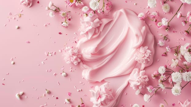 Pink frosted cake surrounded by flowers on pink background.