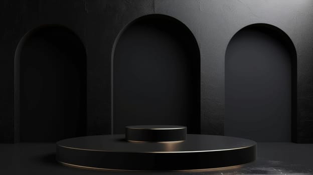 Black room with round podium and luxury arch.
