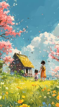 Two girls are positioned in front of a traditional thatched house surrounded by a vibrant field of flowers in a natural landscape, with the sky filled with fluffy clouds above