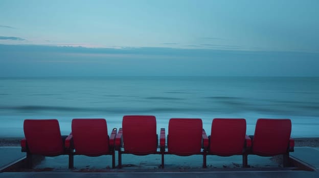 Row of red chairs on beach and calm sea.