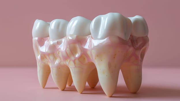 Group of tooth models on pink surface.
