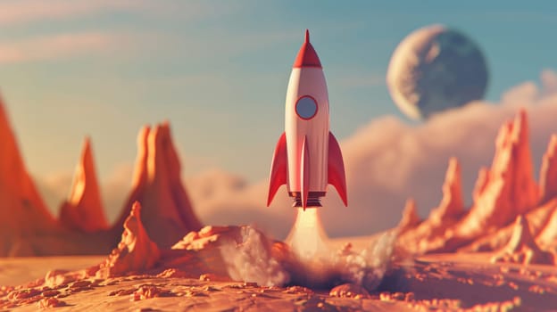 Red and white rocket ship ascends from a whimsical, oversized desert.