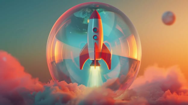 Red and white rocket flying through a bubble.