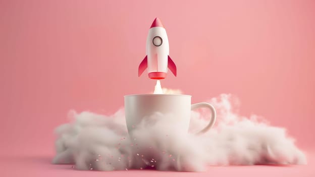 Rocket launching from a coffee cup surrounded by clouds.