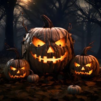 Dark three live glowing jack-o-lantern pumpkins in a dark forest, a Halloween image. Atmosphere of darkness and fear.