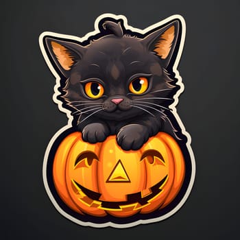 Black cat sticker with jack-o-lantern pumpkin, Halloween picture on a gray isolated background. Atmosphere of darkness and fear.