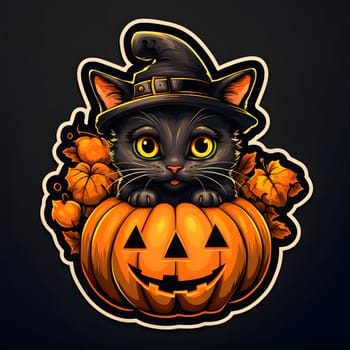 Black cat sticker with jack-o-lantern pumpkin, Halloween picture on a gray isolated background. Atmosphere of darkness and fear.