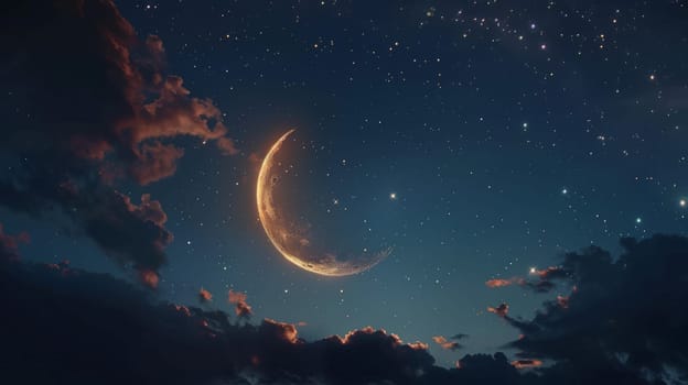 Crescent moon and clouds in night sky.