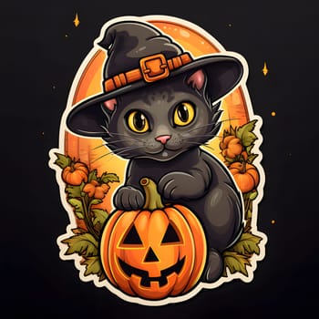 Black cat sticker with jack-o-lantern pumpkin, Halloween picture on a gray isolated background. Atmosphere of darkness and fear.