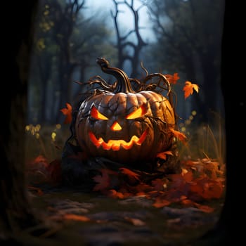 Glowing jack-o-lantern pumpkin entwined with thorns around leaves in a dark forest, a Halloween image. Atmosphere of darkness and fear.