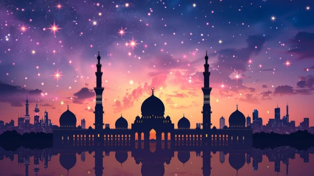 A silhouette of a mosque with stars in the sky
