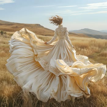 A happy woman in a long white dress is standing in a grassy field, surrounded by a beautiful natural landscape of mountains and blue sky with fluffy clouds