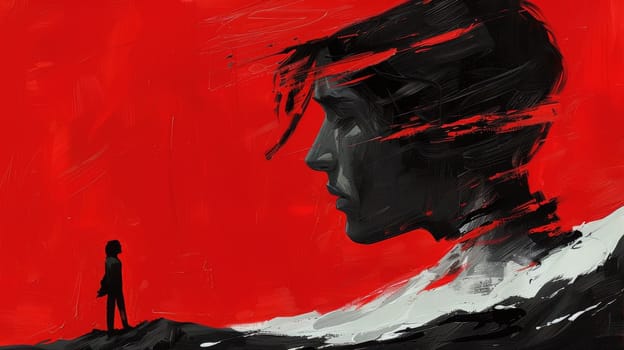 A painting of a woman standing on top of the mountain