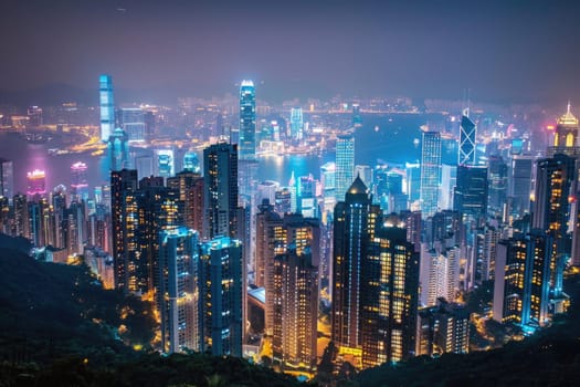 A bustling cityscape at night with vibrant lights