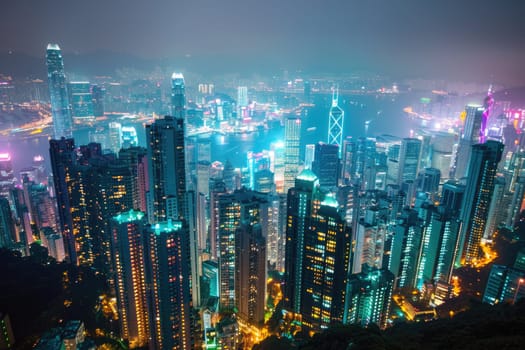 A bustling cityscape at night with vibrant lights