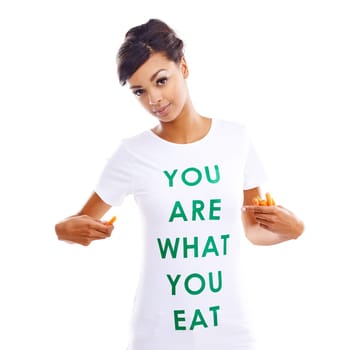 African woman, studio and portrait for fashion or vegan with statement, tshirt with announcement for health. Female model, clothes and white background for consumer awareness, vegetables for diet.