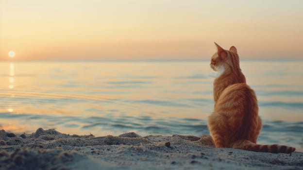 A cat watching sunset on the beach.