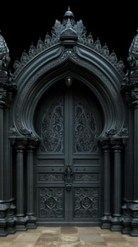 A large black door with ornate carvings on it
