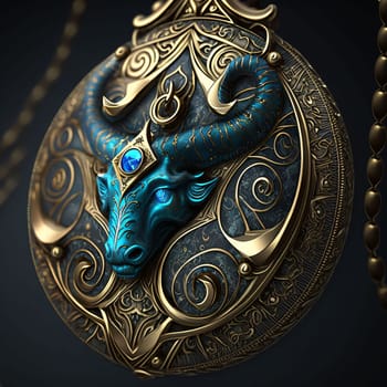 Signs of the zodiac: 3D illustration of a fantasy dragon with a golden ornament on a black background