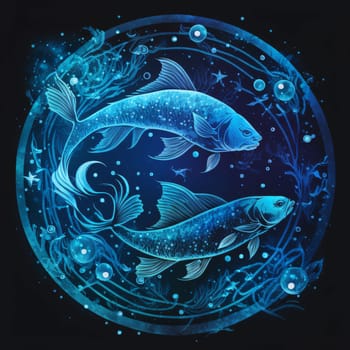 Signs of the zodiac: Illustration of a stylized fish in a circle on a dark background