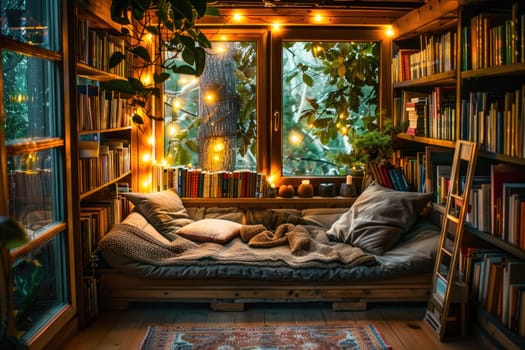 A cozy reading nook with shelves of books