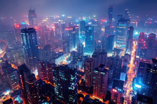 A bustling cityscape at night with vibrant lights