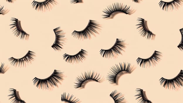 Beige background with lots of fake eyelashes.
