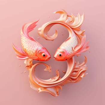 Signs of the zodiac: Koi fish in the form of a heart on a pink background.