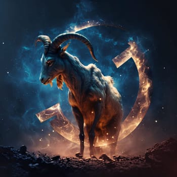 Signs of the zodiac: Goat standing in front of a crescent moon. 3D rendering