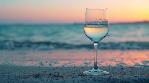 Glass of water on sandy beach.