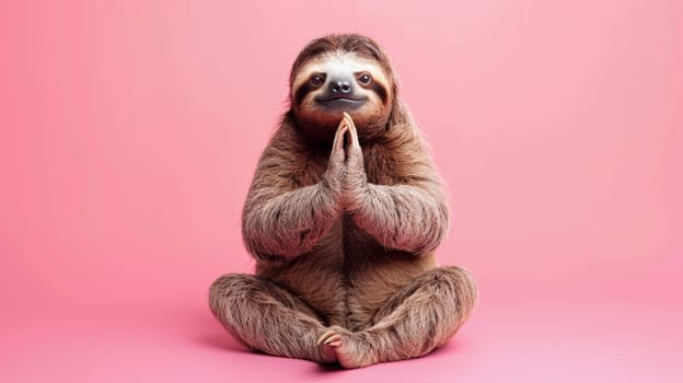 Sloth practicing yoga pose on pink background.