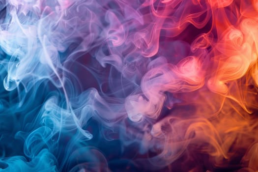 A colorful smoke background pattern with blue, red, and orange. Swirling and twisting,dynamic and energetic atmosphere